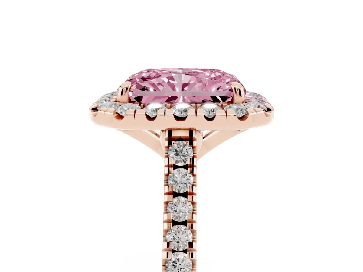 Fancy Pink Radiant Cut Diamond Cushion Halo Ring with Pavé Band Rose gold