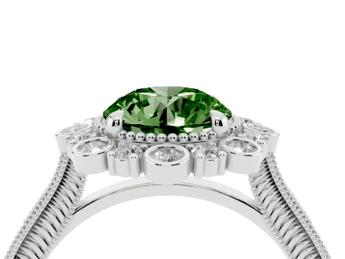 Fancy Green Round Cut Halo Milgrain Pave Diamond Ring with Four-Prong Setting Silver