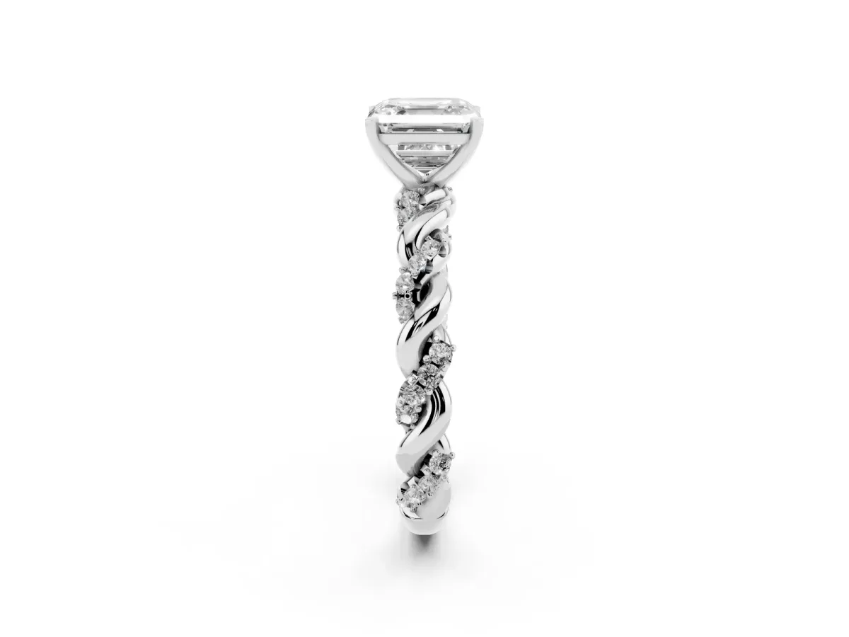 Asscher Cut Diamond Solitaire Ring with Twisted Band and Pavé Accents Silver
