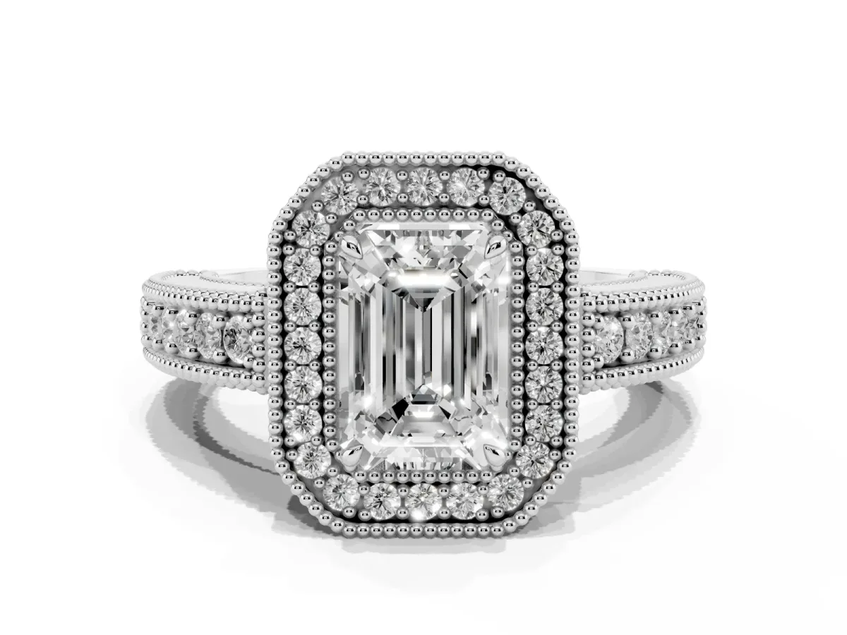 Emerald Cut Cut Halo Diamond Ring with Pavé Band and Four-Prong Setting Silver