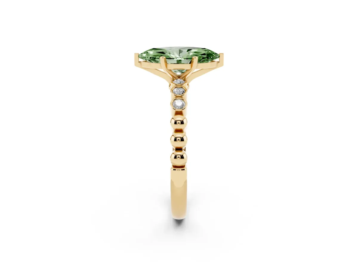 Fancy Green Marquise Cut Solitaire Bezel Accent Diamond Engagement Ring with Beaded Band and Four-Prong Setting Yellow gold