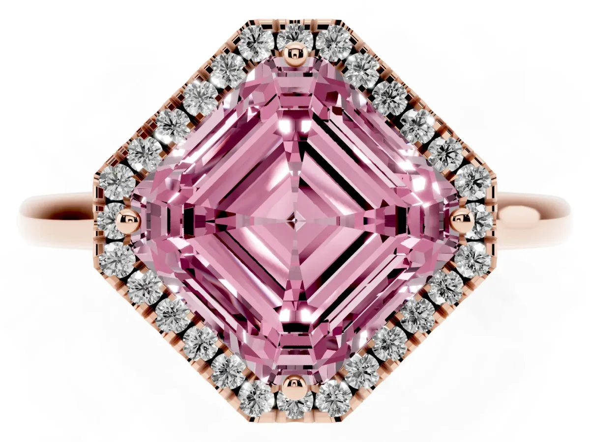 Fancy Pink Asscher Cut Halo Round Diamond Solitaire Engagement Ring with Pave Band and Four-Prong Setting Rose gold