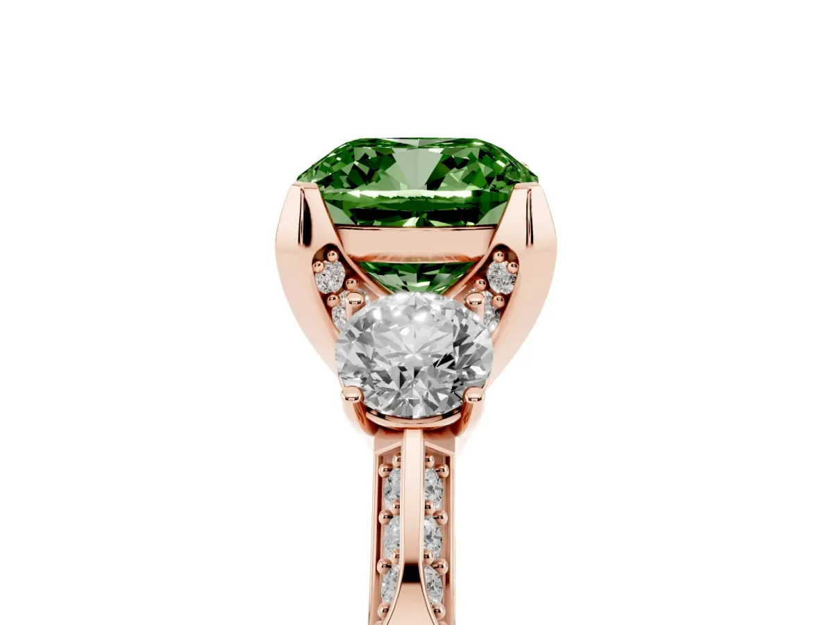 Fancy Green Cushion Cut Brilliant Three-Stone Diamond Ring with Pavé Band and Four-Prong Setting Rose gold