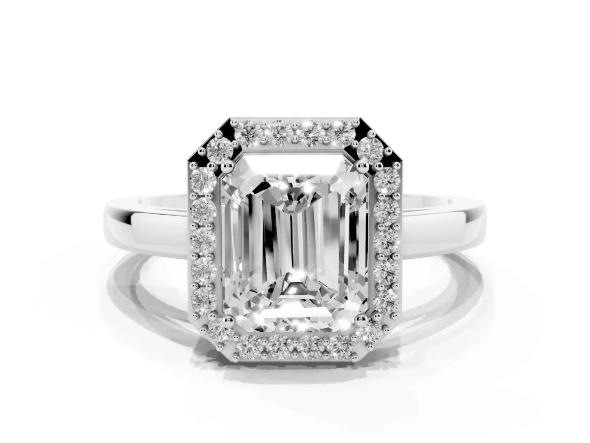 Radiant Cut Halo Diamond Ring with Solitaire Band and Prong Setting Silver