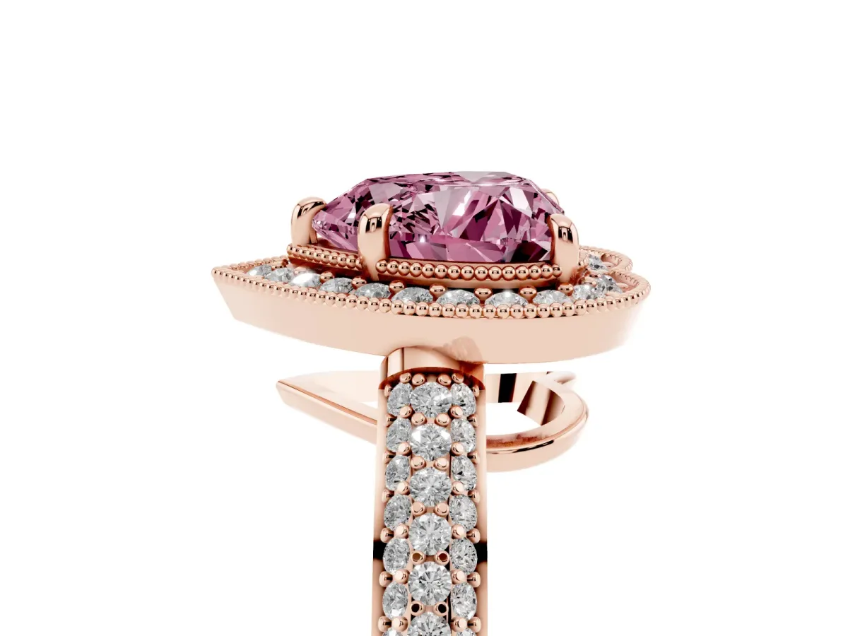 Fancy Pink Heart Cut Cut Halo Diamond Pave Band with Four-Prong Setting Rose gold