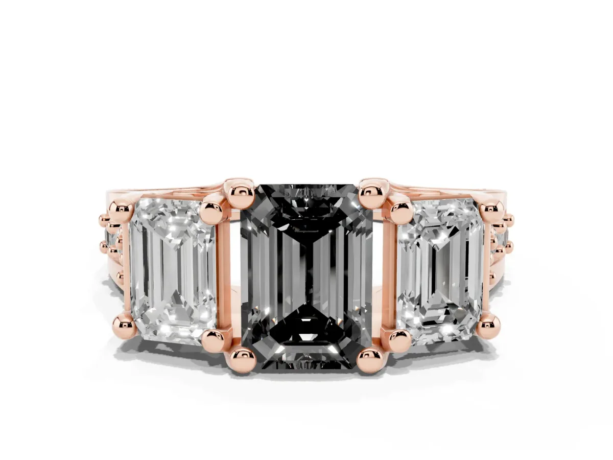 Fancy Black Emerald Cut Diamond Three-Stone Ring with Channel Set Band and Four-Prong Setting Rose gold