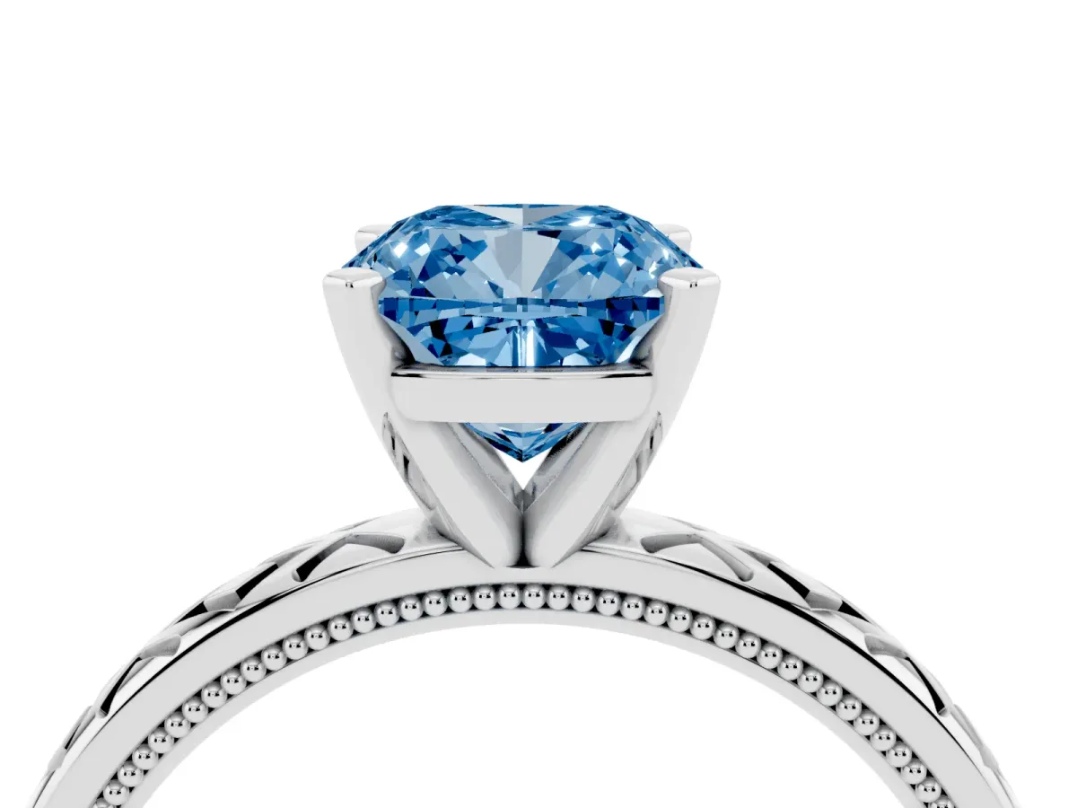 Fancy Blue Cushion Cut Solitaire Diamond Ring with Milgrain and Black Enamel X Pattern Band Silver