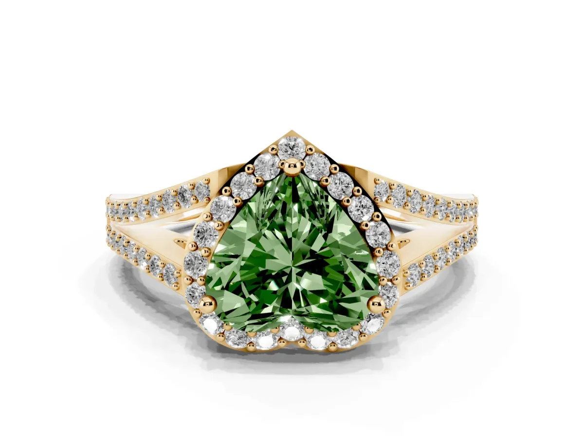Fancy Green Heart Cut Halo Split Shank Diamond Ring with Prong Setting Yellow gold