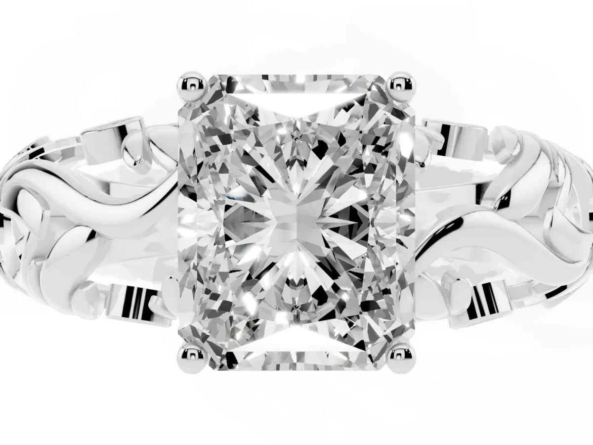 Radiant Cut Solitaire Diamond Leaf-Inspired Vine Band Ring with Prong Setting Silver
