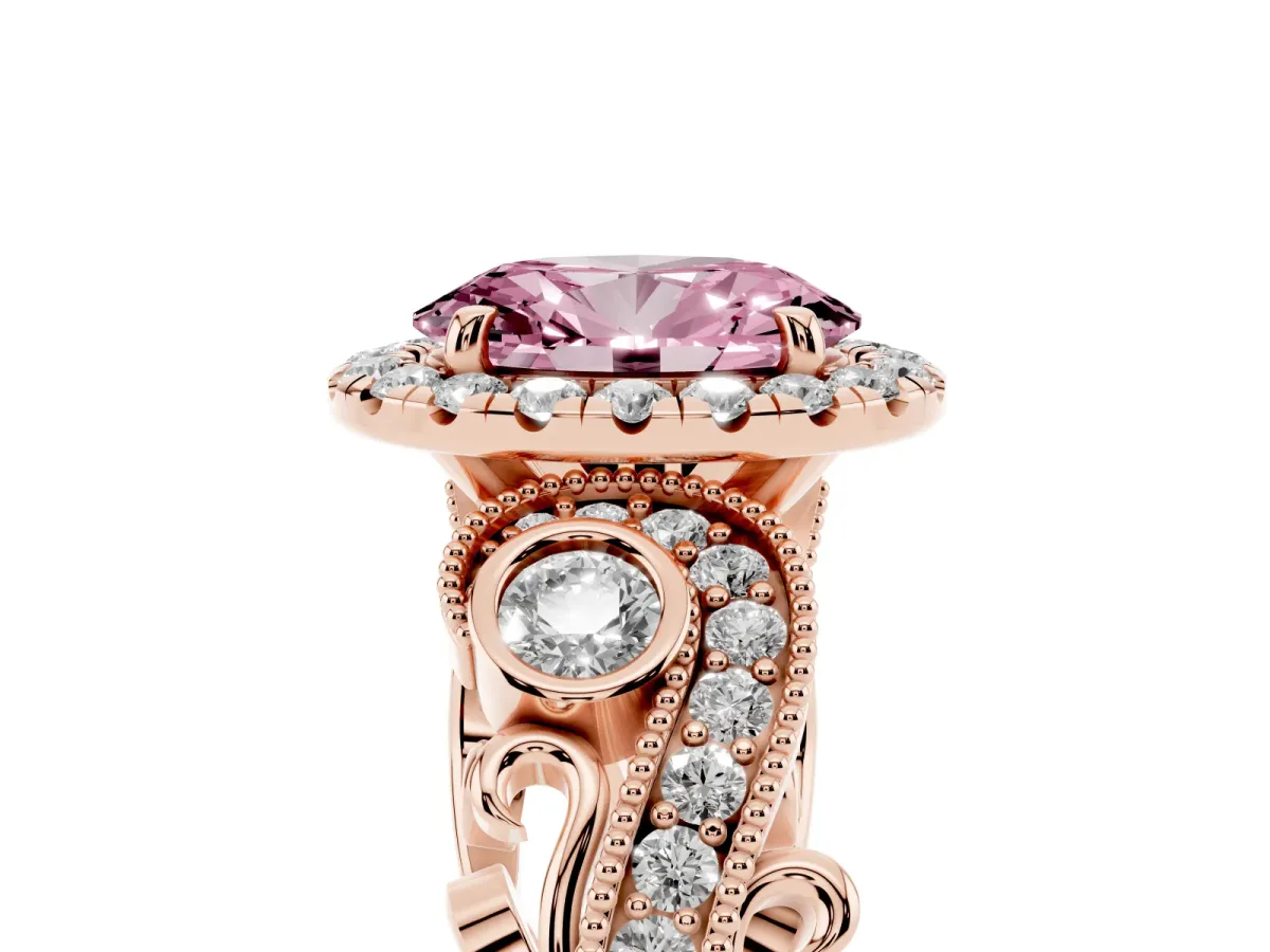 Fancy Pink Oval Cut Halo Diamond Ring with Milgrain and Bezel Accents on a Split Shank Band Rose gold