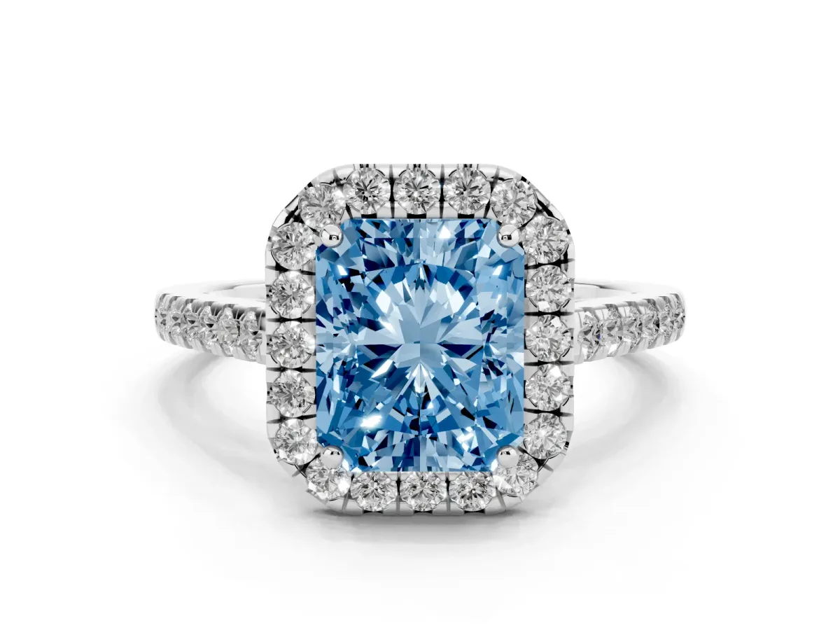 Fancy Blue Radiant Cut Halo Pave Diamond Engagement Ring with Four-Prong Setting Silver