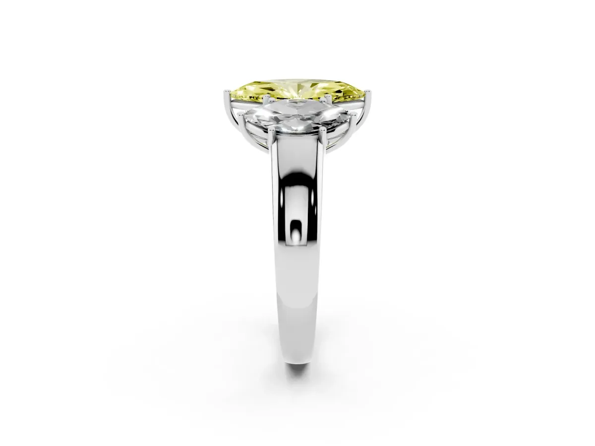 Fancy Yellow Three-Stone Marquise Cut Cut Diamond Ring with Prong Setting and Classic Band Silver