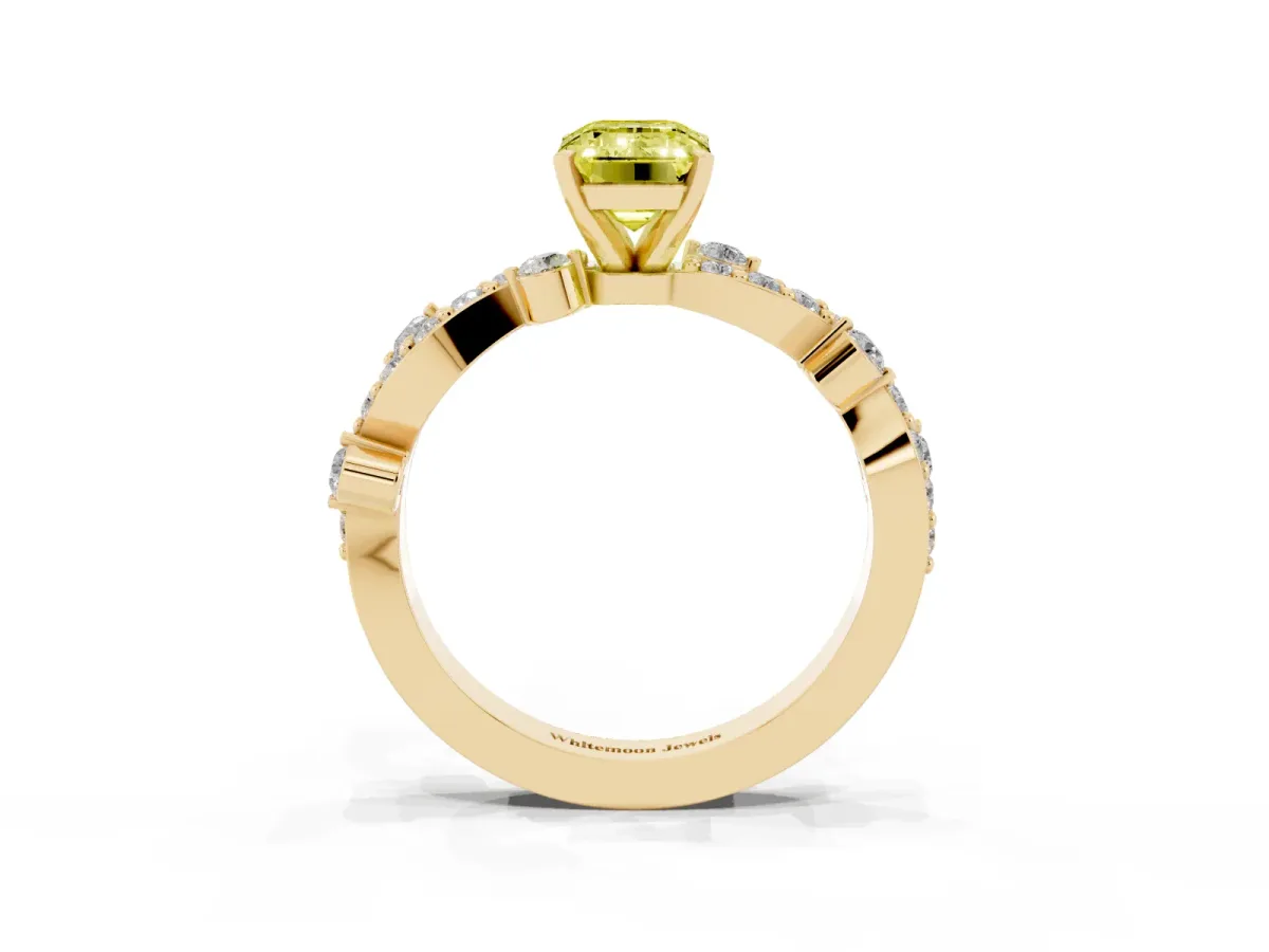 Fancy Yellow Emerald Cut Cut Solitaire Diamond Twisted Band with Pave Setting Yellow gold