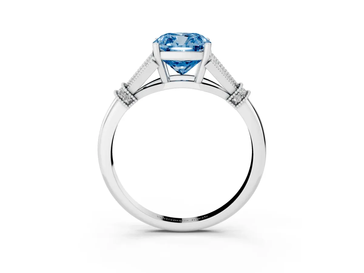 Fancy Blue Cushion Cut Diamond Solitaire Ring with Floral Filigree and Pave Accents White gold