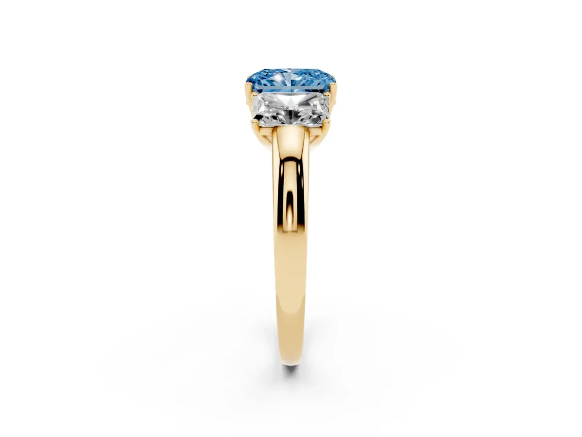 Fancy Blue Radiant Cut Diamond Three-Stone Ring with Four-Prong Setting and Classic Band Yellow gold