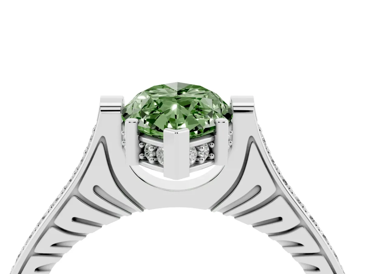 Fancy Green Marquise Cut Solitaire Diamond Ring with Channel Set Band and Bezel Prong Setting White gold
