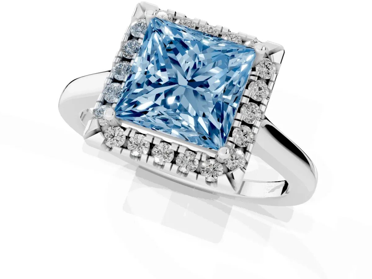Fancy Blue Princess Cut Halo Round Diamond Solitaire Ring with Pavé Band and Four-Prong Setting Silver