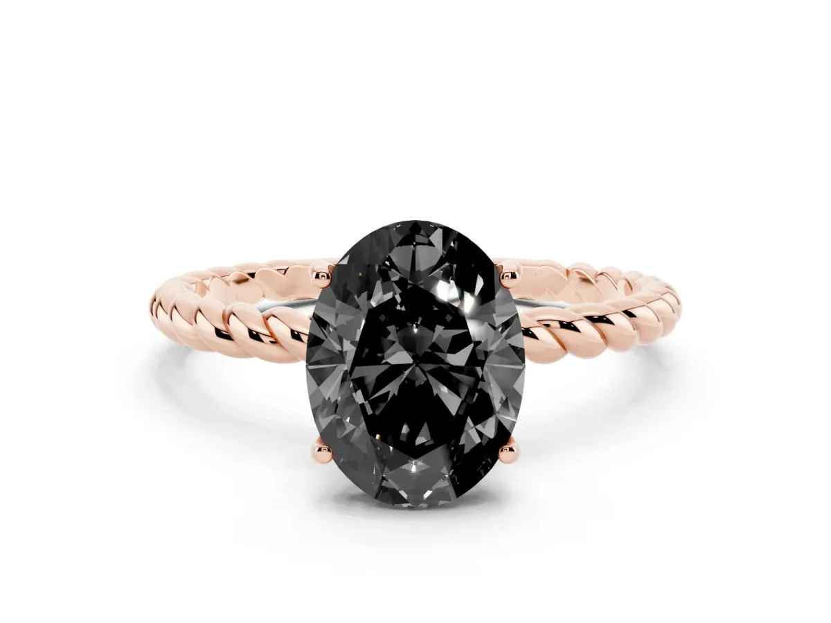 Fancy Black Oval Cut Solitaire Twisted Band 4-Prong Ring Rose gold