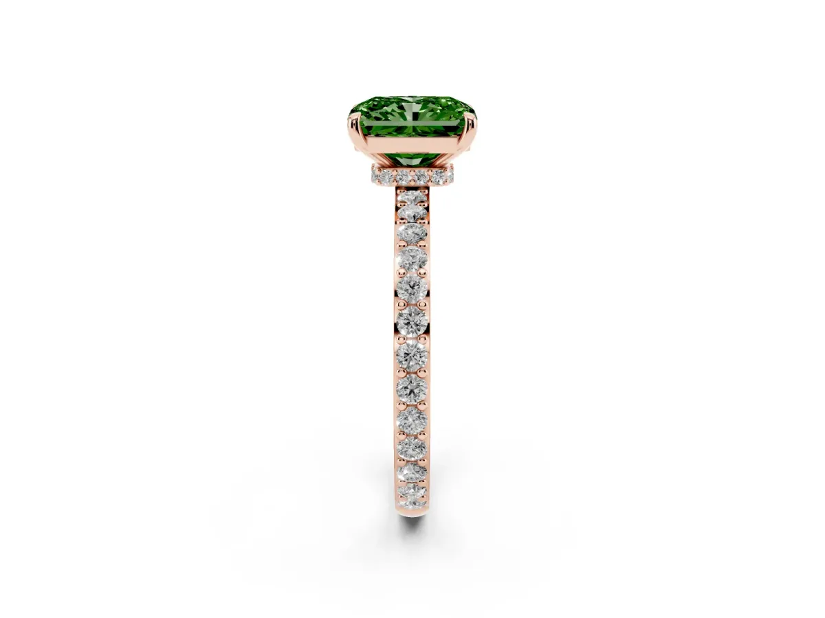 Fancy Green Radiant Cut Diamond Pavé Engagement Ring with Round Accents and Prong Setting Rose gold