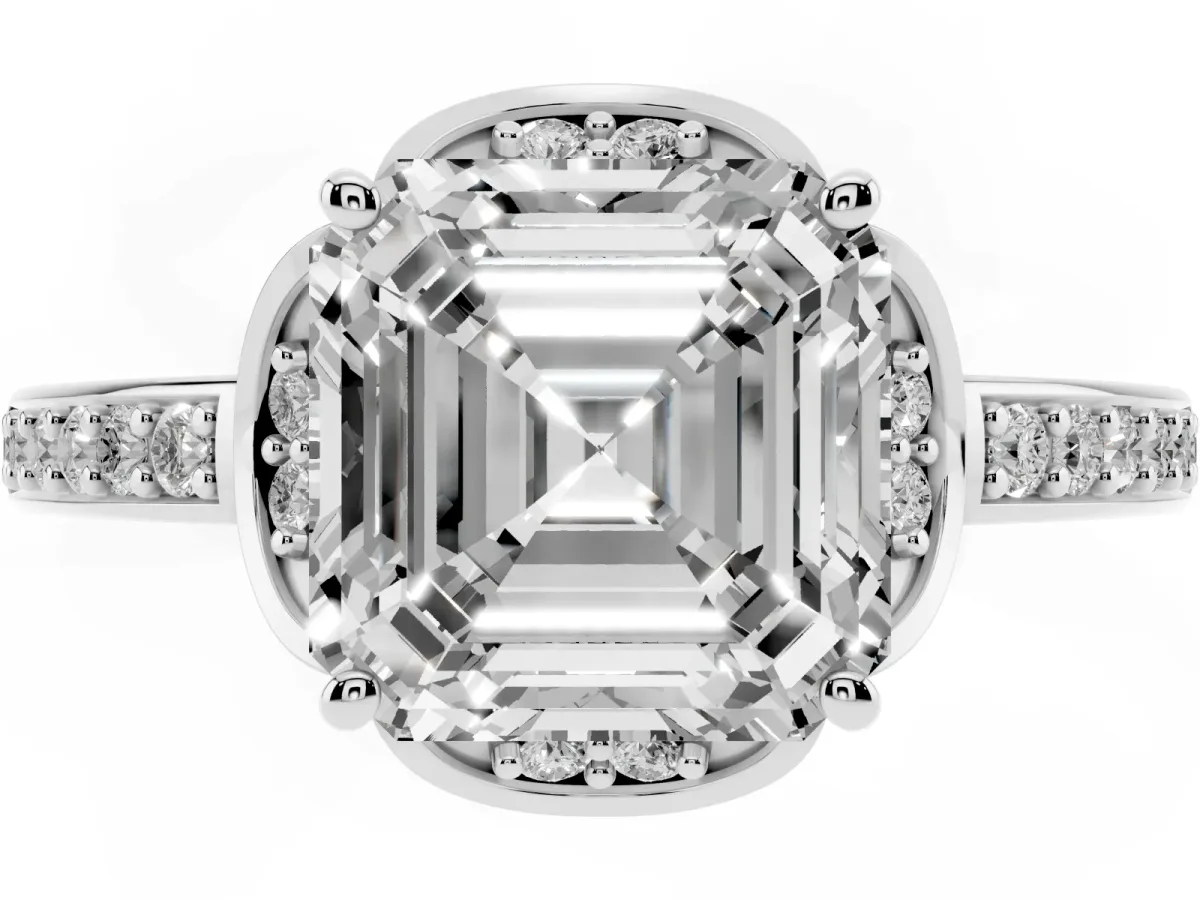 Asscher Cut Cut Halo Diamond Ring with Channel Set Band and Four-Prong Setting White gold