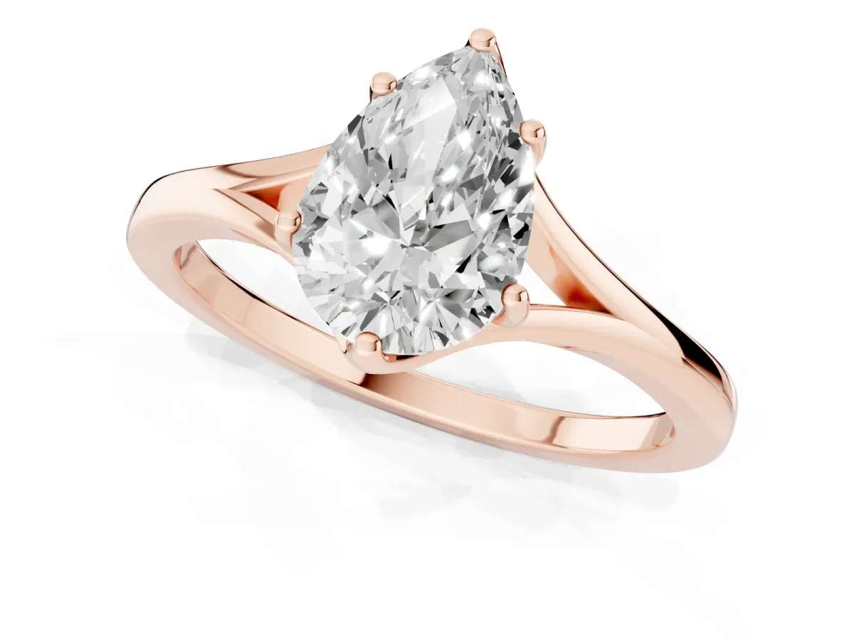 Pear Cut Solitaire Diamond Ring with Six-Prong Setting and Tapered Band Rose gold