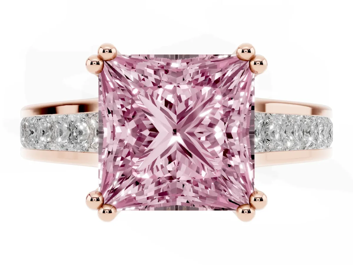 Fancy Pink Princess Cut Cut Channel Set Solitaire Engagement Ring with Prong Setting Rose gold