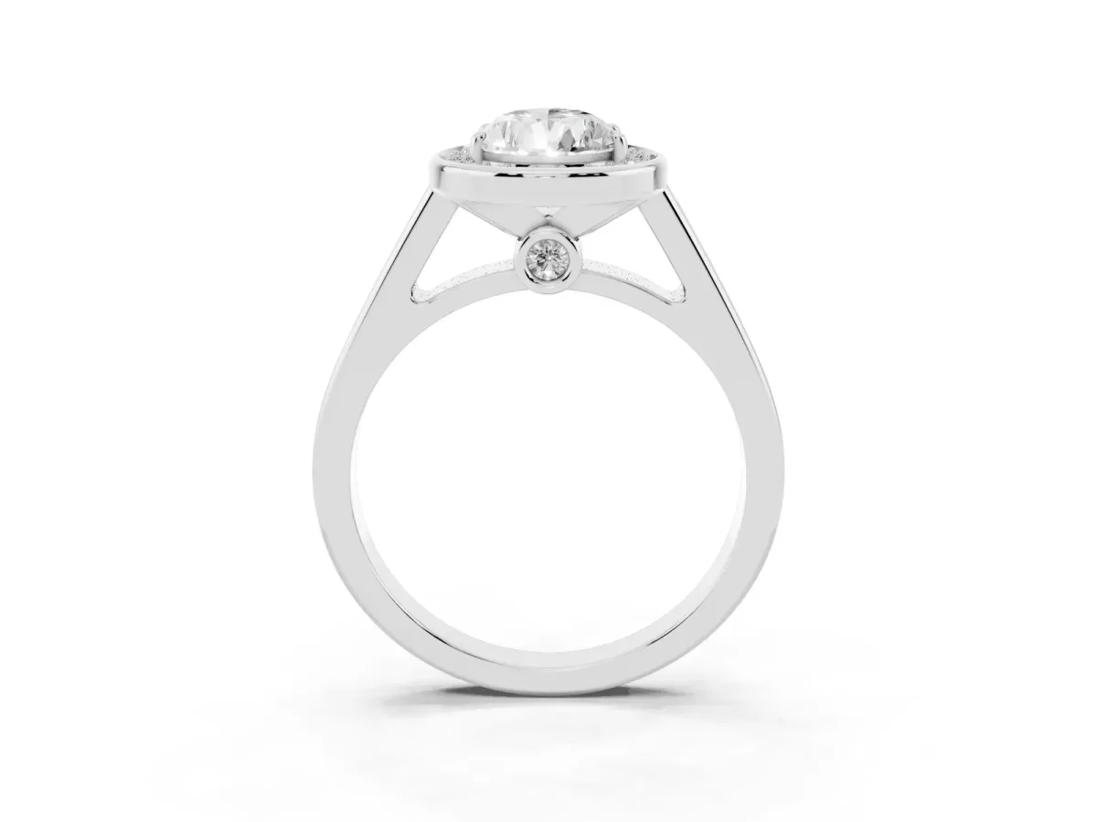 Pear Cut Halo Solitaire Diamond Ring with Pave Band and Bezel Setting Silver