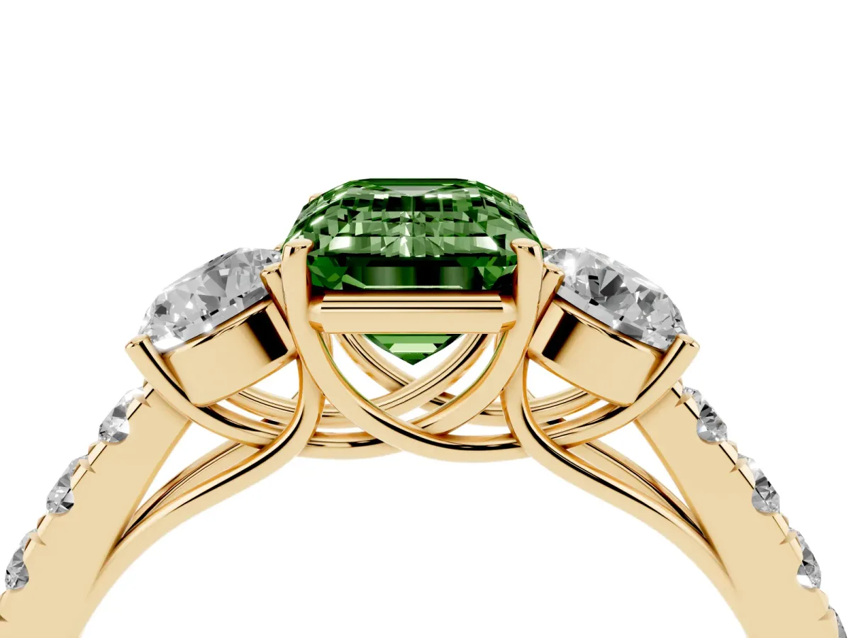 Fancy Green Emerald Cut Cut Diamond Three-Stone Ring with Round Side Stones and Pavé Band Yellow gold