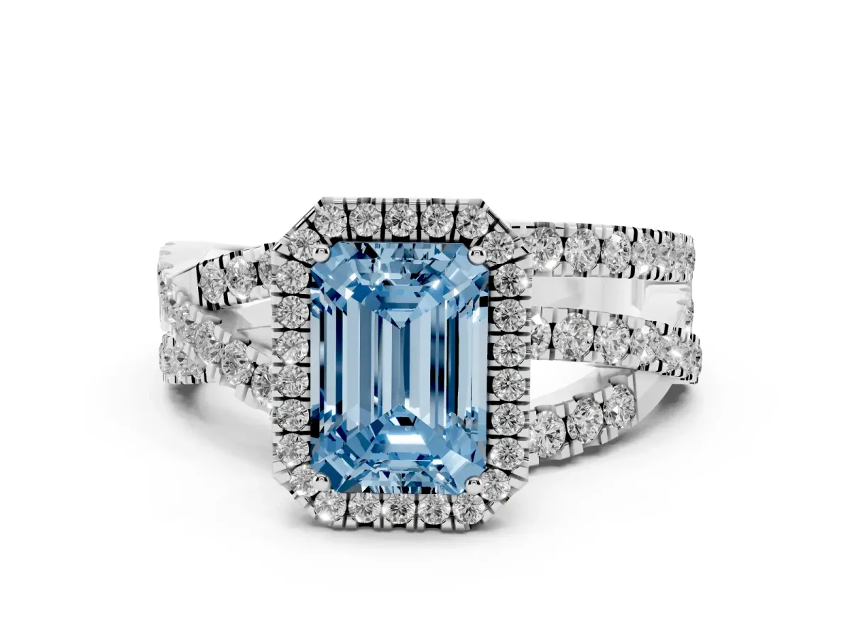 Fancy Blue Emerald Cut Diamond Halo Ring with Round Split Shank and Prong Setting Platinum