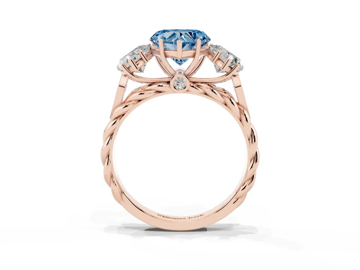 Fancy Blue Three-Stone Heart Cut Diamond Braided Band Ring with Four-Prong Setting Rose gold