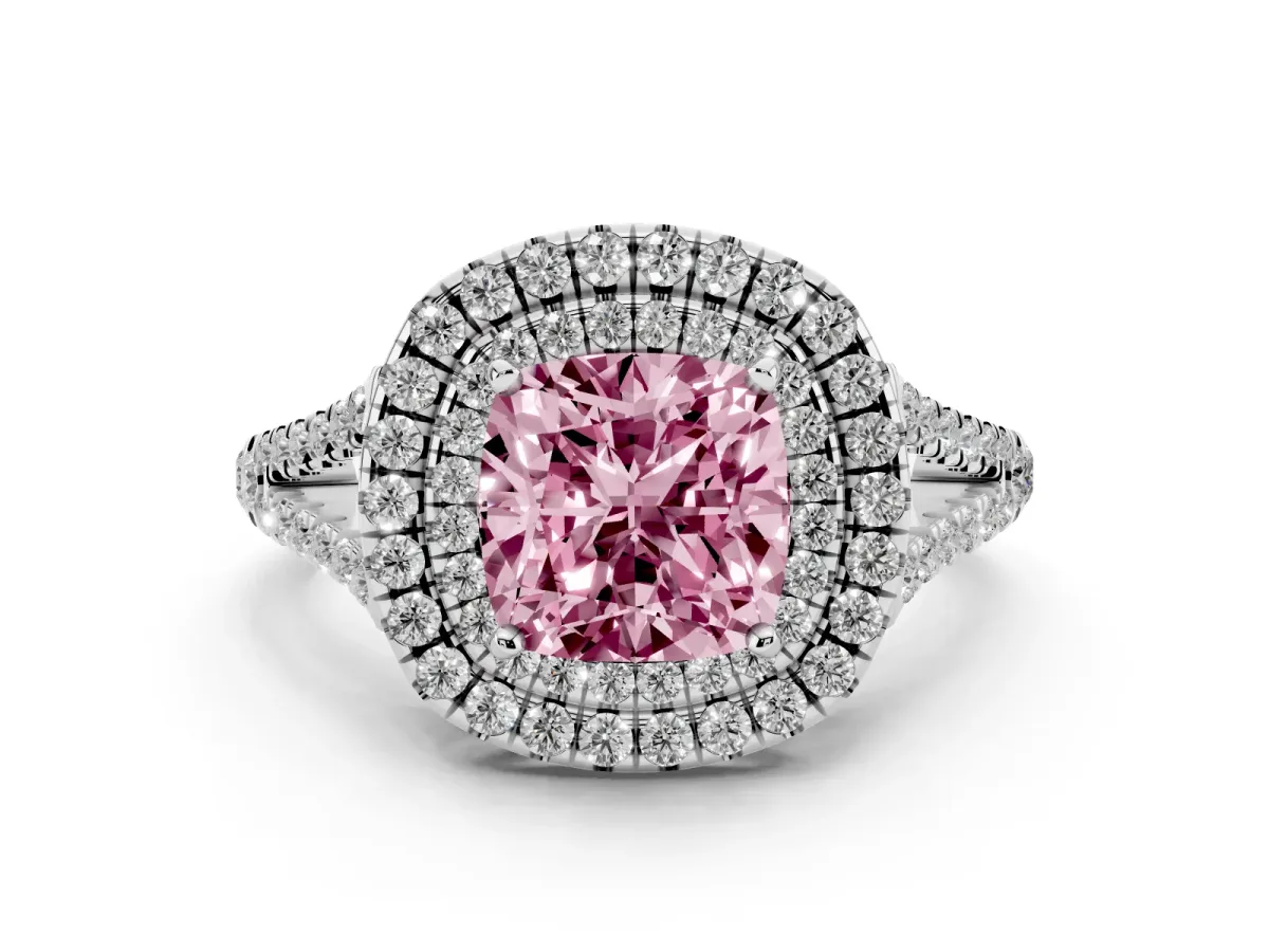 Fancy Pink Cushion Cut Diamond Double Halo Ring with Pavé Band and Prong Setting Silver
