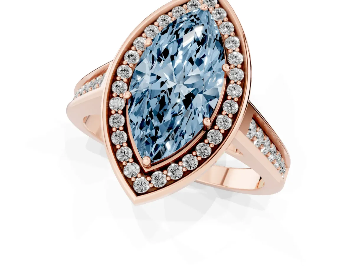 Fancy Blue Marquise Cut Halo Solitaire Diamond Ring with Pave Band and Bezel Setting Rose gold