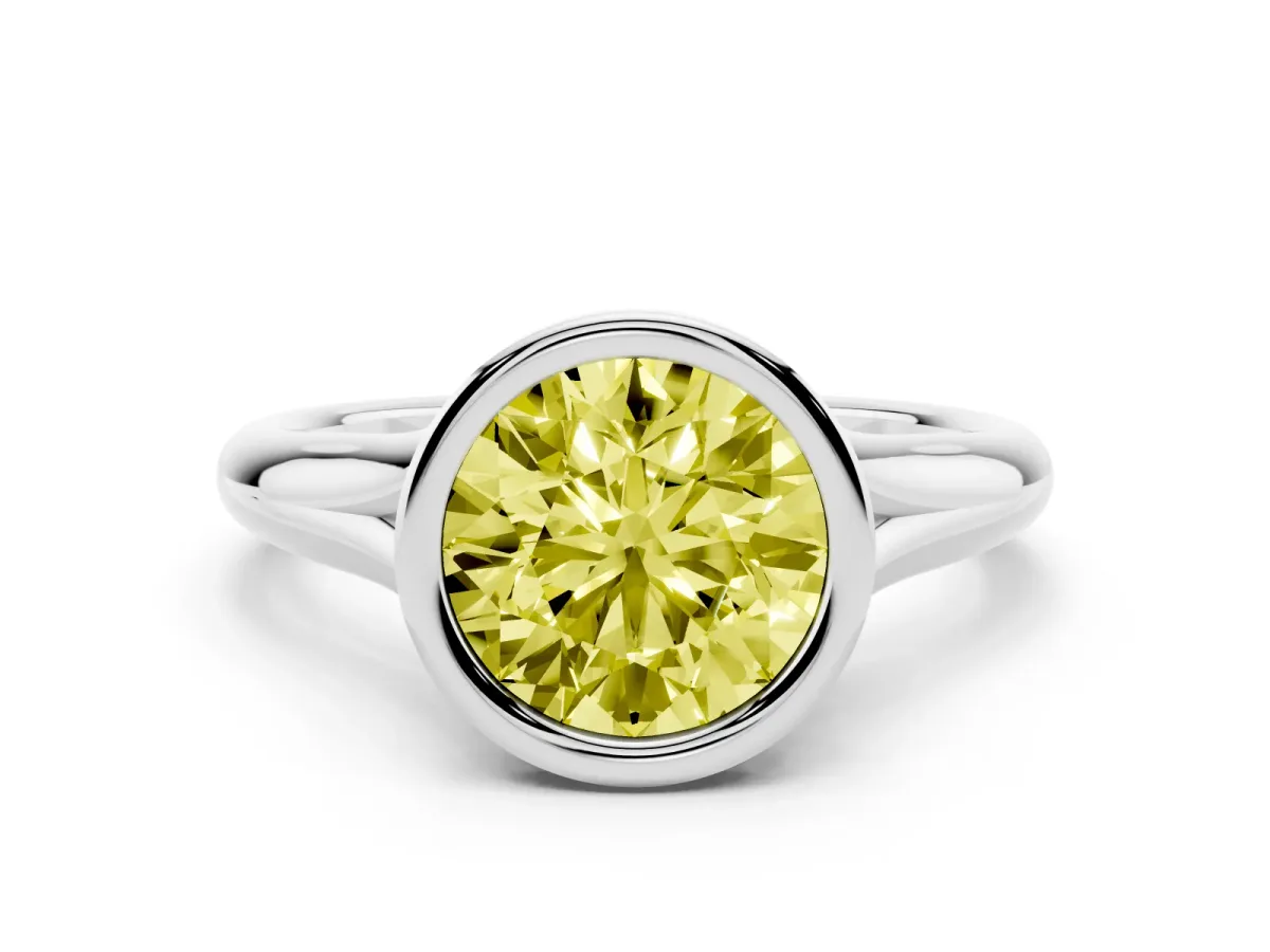 Fancy Yellow Bezel Set Round Cut Solitaire Diamond Ring with Smooth Band Platinum
