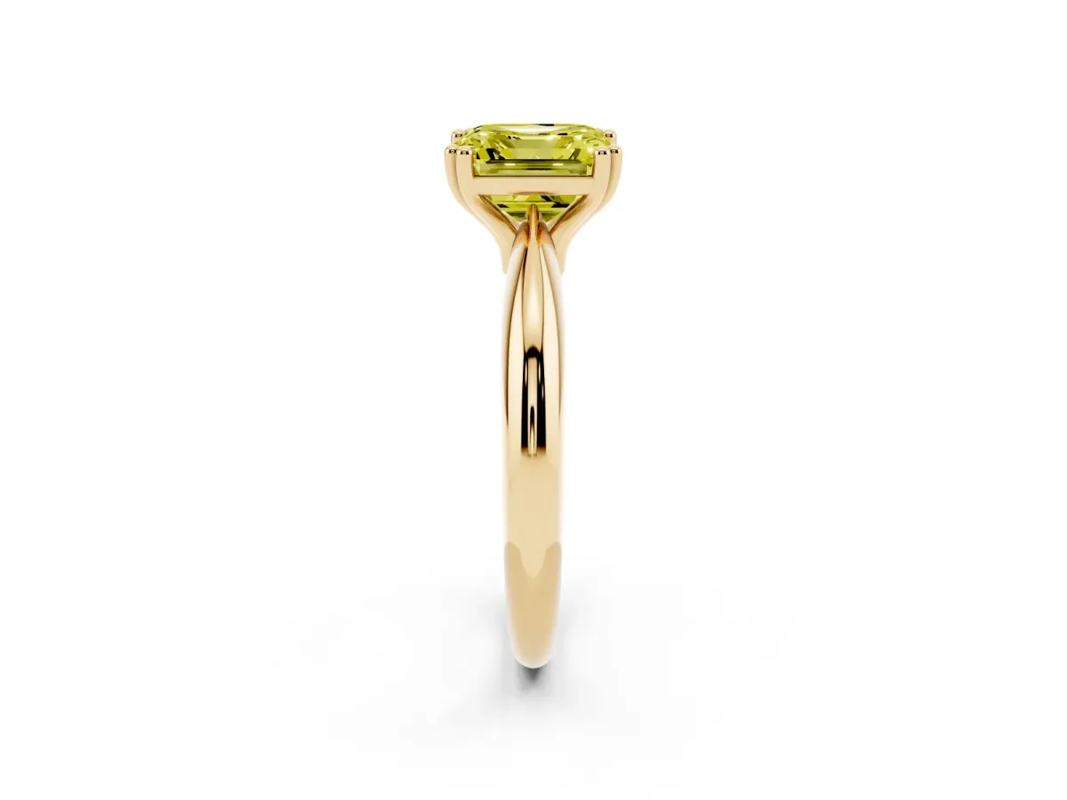 Fancy Yellow Asscher Cut Cut Solitaire Engagement Ring with Tapered Band and Four-Prong Setting Yellow gold