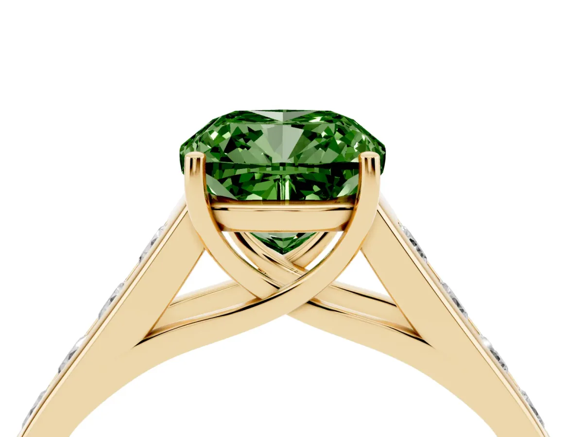Fancy Green Cushion Cut Solitaire Channel-Set Diamond Engagement Ring with Four-Prong Setting Yellow gold