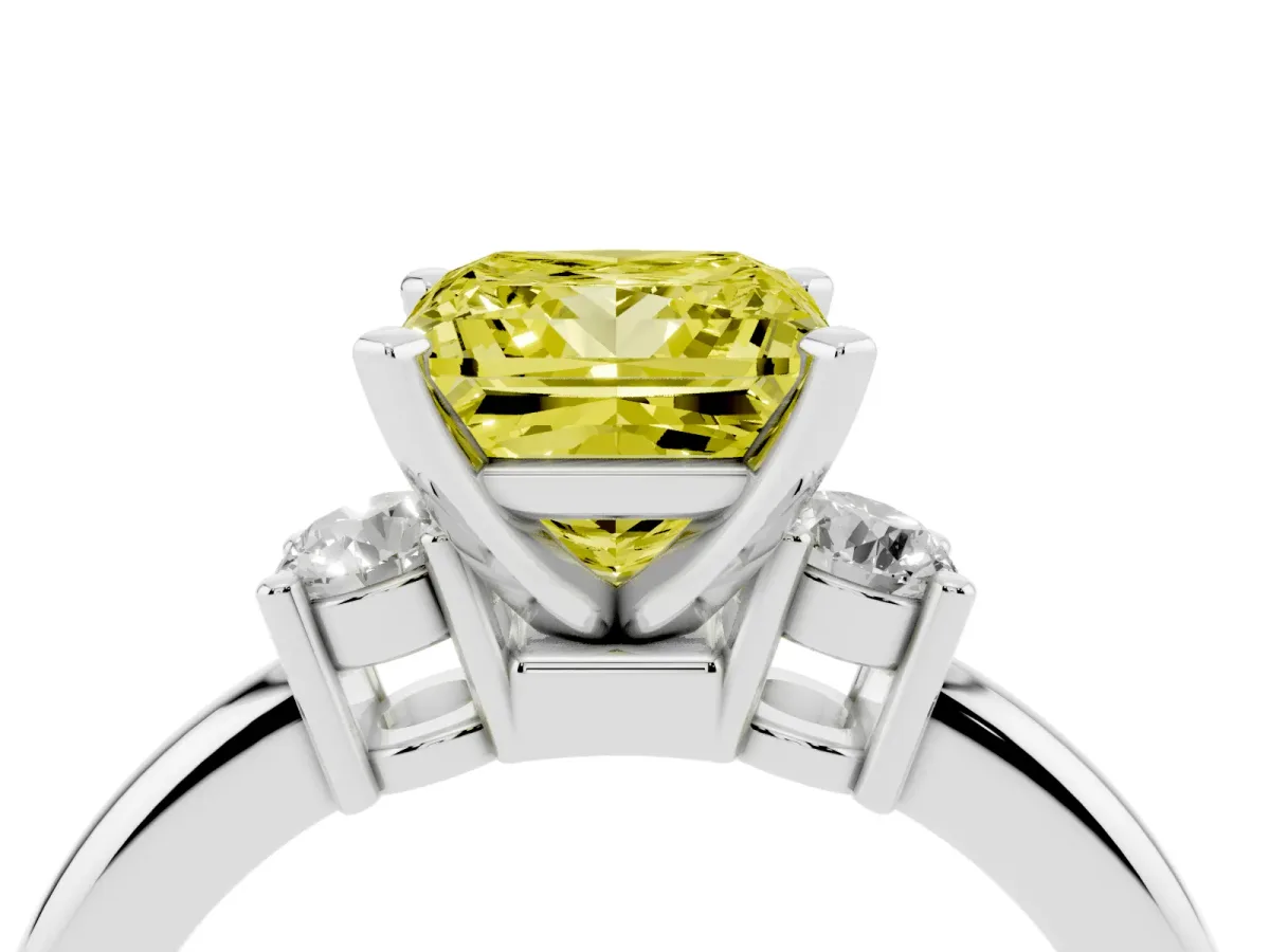 Fancy Yellow Three-Stone Princess Cut Cut Diamond Solitaire with Prong Setting and Classic Band Platinum
