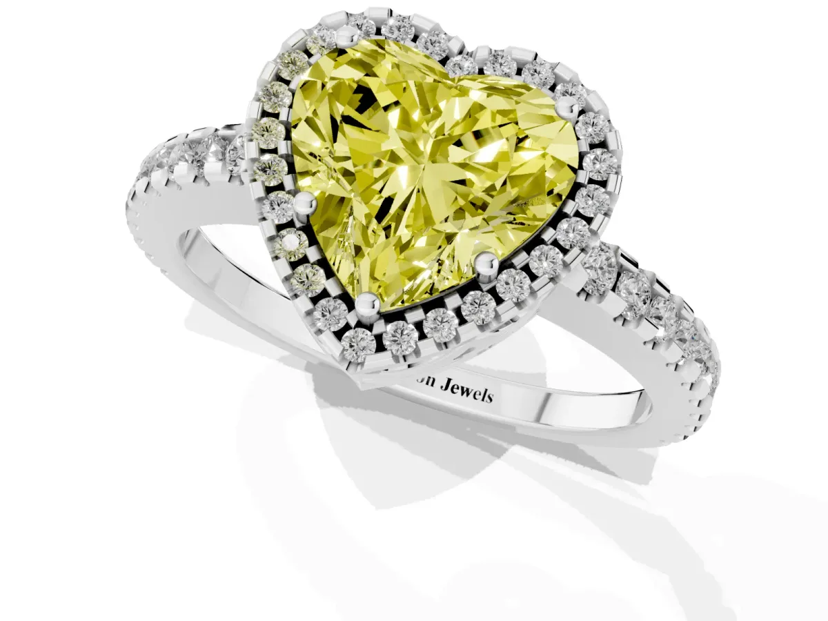 Fancy Yellow Heart Cut Diamond Halo Engagement Ring with Pavé Band and Prong Setting White gold