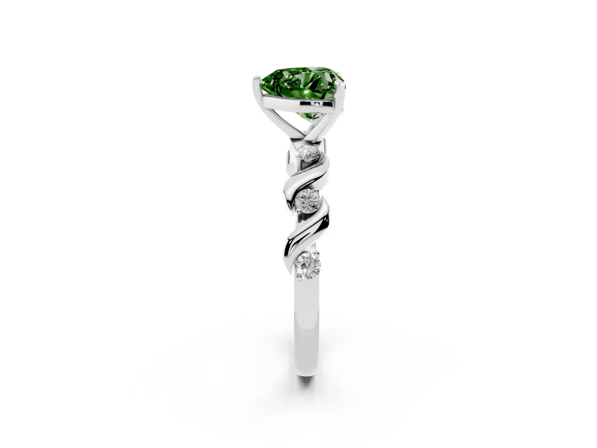 Fancy Green Heart Cut Diamond Solitaire Twisted Band with Round Accents and Prong Setting Platinum