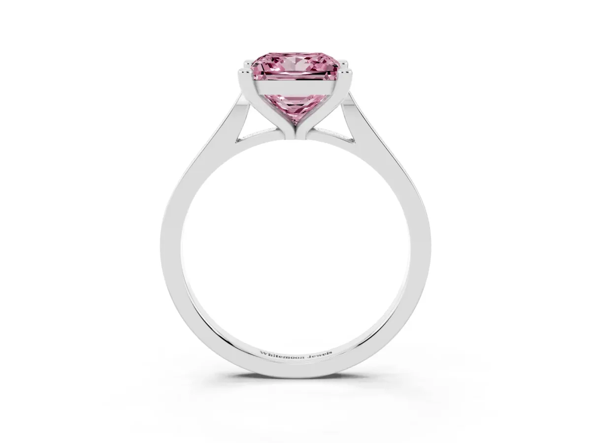 Fancy Pink Princess Cut Solitaire Diamond Ring with Four-Prong Setting and Tapered Band Silver