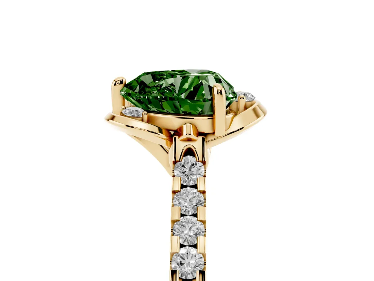Fancy Green Heart Cut Diamond Ring with Pavé Band and Floral Prong Setting Yellow gold