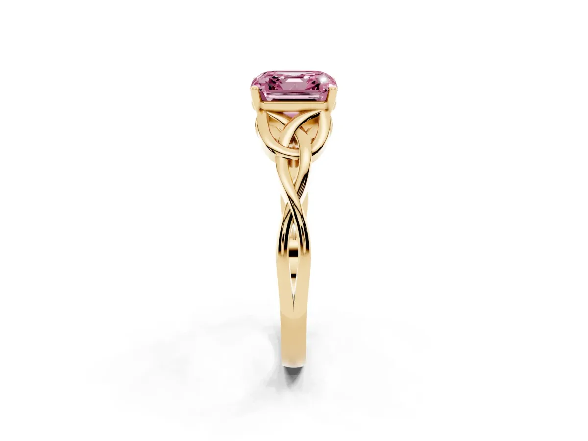 Fancy Pink Asscher Cut Diamond Solitaire Engagement Ring with Celtic Knot Band and Four-Prong Setting Yellow gold