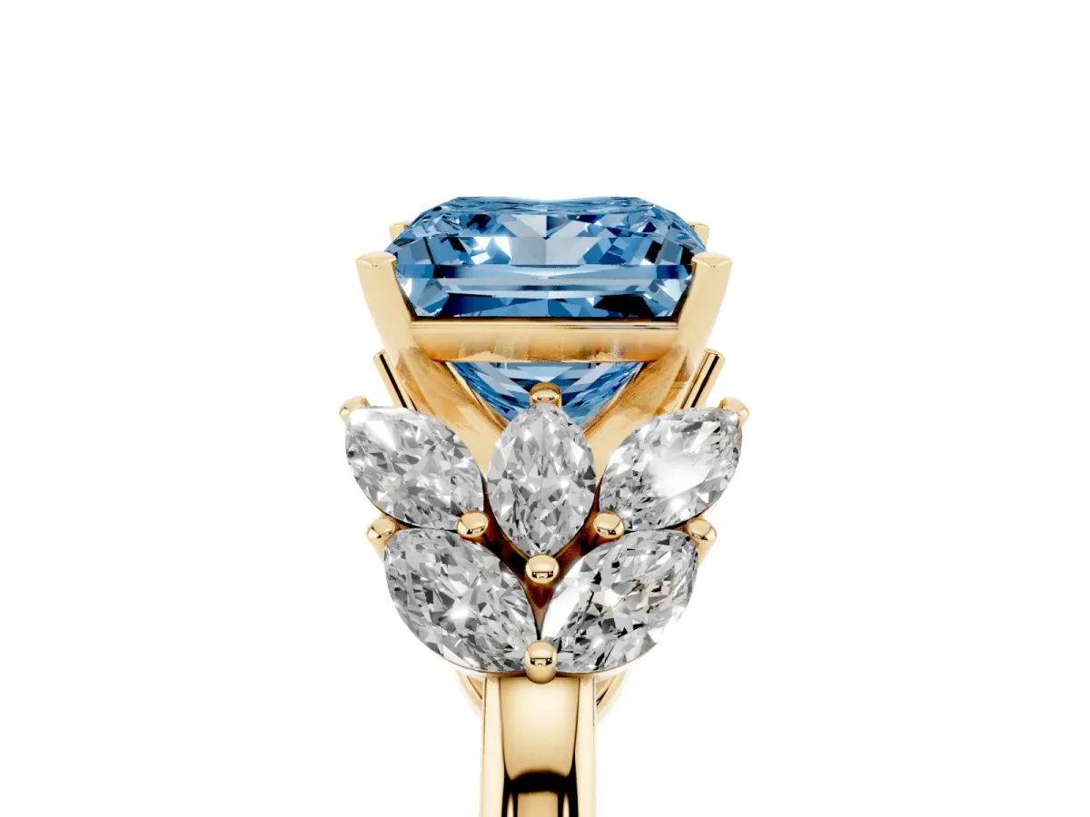 Fancy Blue Princess Cut Diamond Cluster Leaf Design Ring with Prong Setting Yellow gold