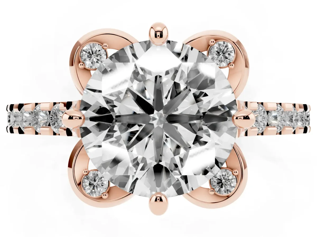 Round Cut Diamond Ring with Pavé Band and Floral Prong Setting Rose gold