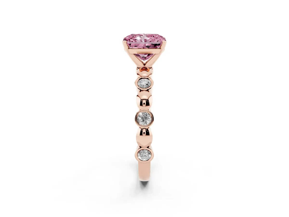 Fancy Pink Radiant Cut Solitaire Bezel-Set Diamond Ring with Beaded Band and Four-Prong Setting Rose gold