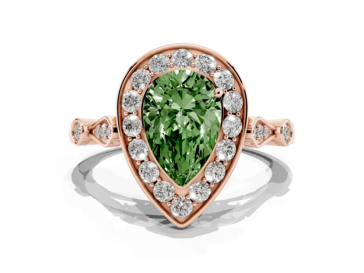 Fancy Green Pear Cut Halo Diamond Engagement Ring with Twisted Band and Four-Prong Setting Rose gold