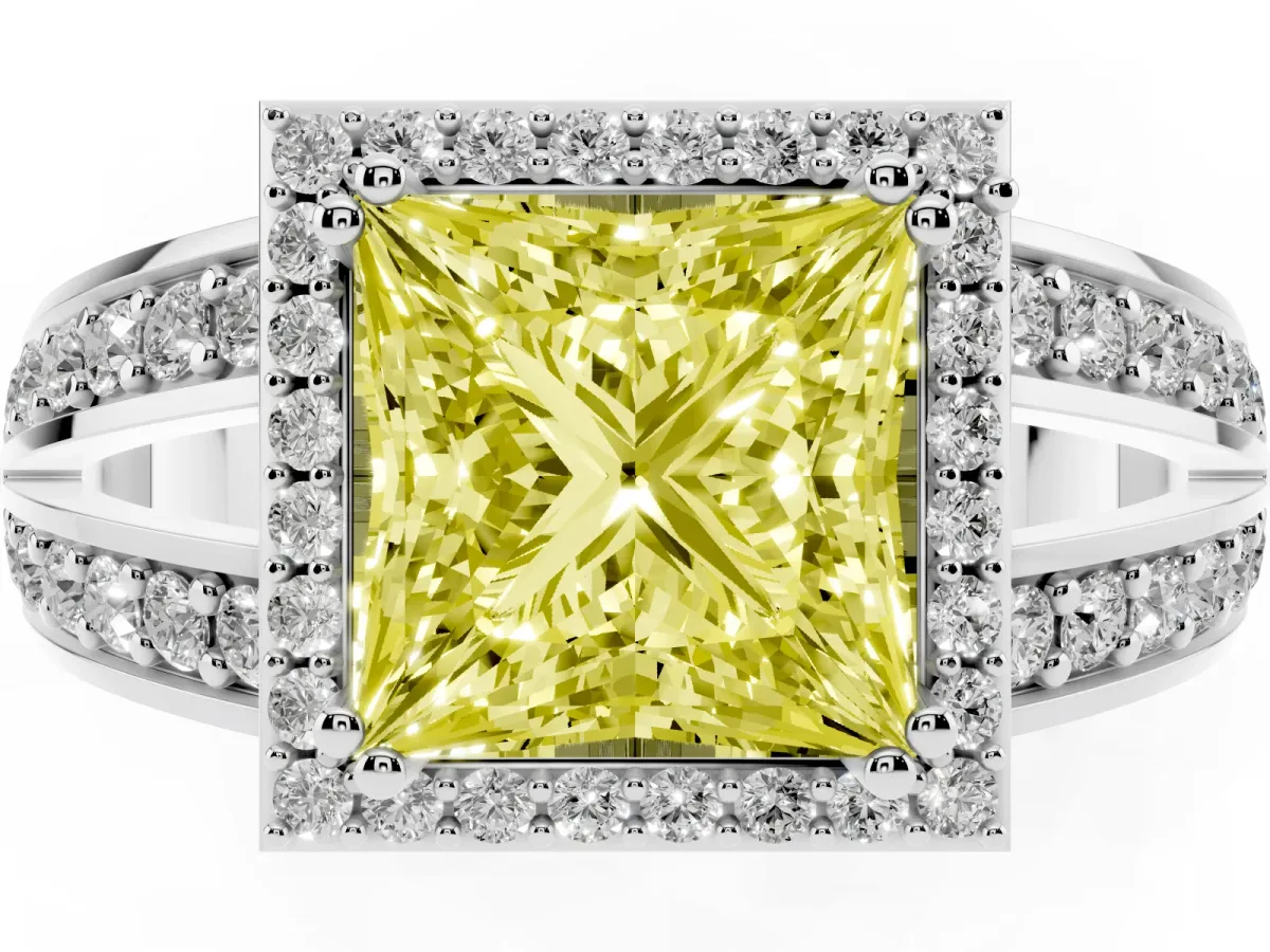 Fancy Yellow Princess Cut Diamond Halo Ring with Split Shank Pavé Band and Four-Prong Setting Platinum