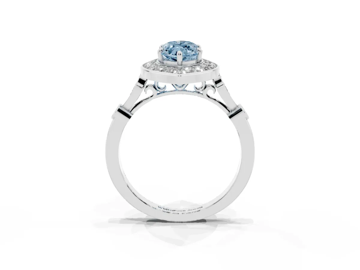 Fancy Blue Marquise Cut Halo Diamond Engagement Ring with Twisted Band and Four-Prong Setting White gold