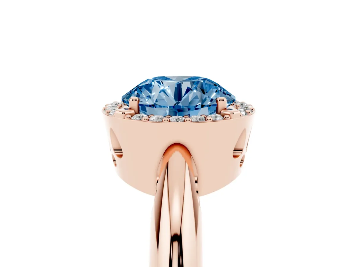 Fancy Blue Round Cut Cut Diamond Halo Engagement Ring with Split Shank and Four-Prong Setting Rose gold