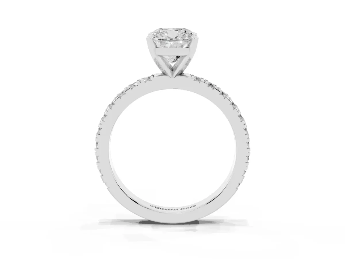 Cushion Cut Diamond Pavé Band Solitaire with Four-Prong Setting Platinum