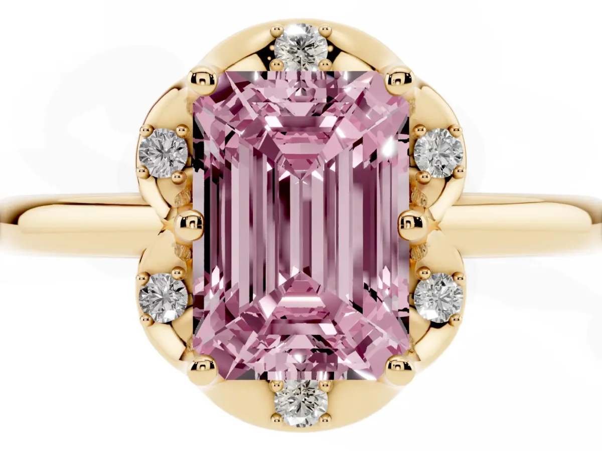 Fancy Pink Emerald Cut Halo Diamond Ring with Round Cluster Setting, Solitaire Band, and Four-Prong Setting Yellow gold